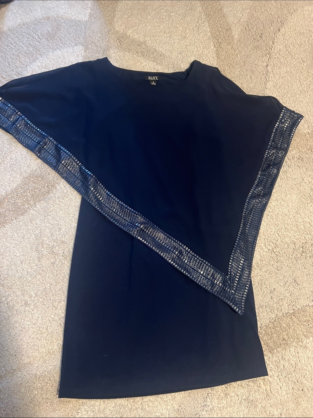 SLNY Navy Asymmetric Mesh-Trim Dress